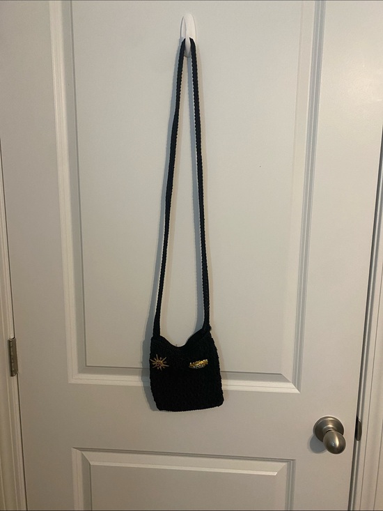 Handbags - Black Crocheted Crossbody Bag with Gold Embellishments
